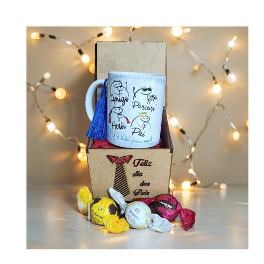Caneca Pai - Na Caixa Mdf "Feliz Dia dos Pai-Gravata" Com Trufas Cacau Show