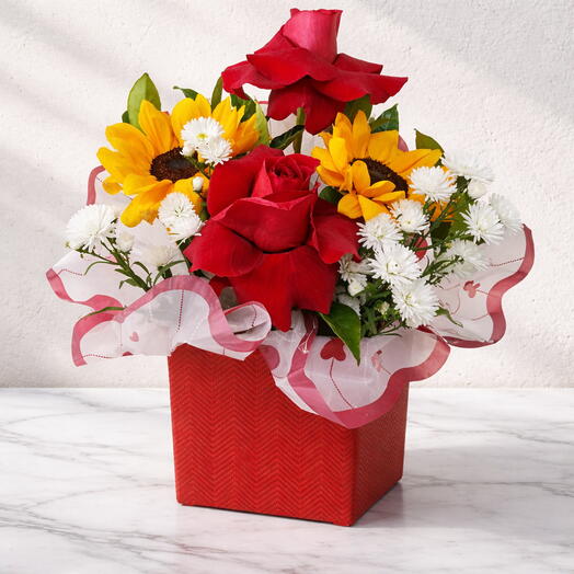 Caixa Romântico Rosas Colombiana e Girassol