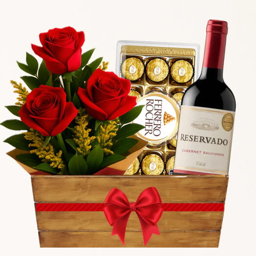 Cesta de Rosas, Vinho e Ferrero Rocher