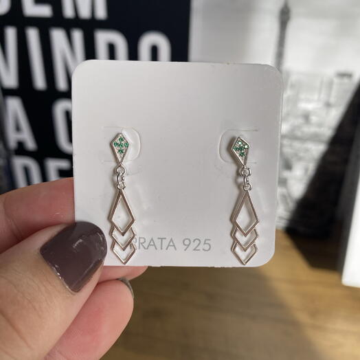 Brinco pontilhado verde com triângulos prata 925 legitima