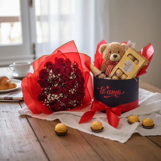 Box Urso e Buquê Luxo