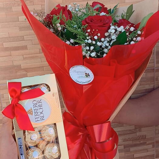Buquê Grande 4 Rosas com Chocolate