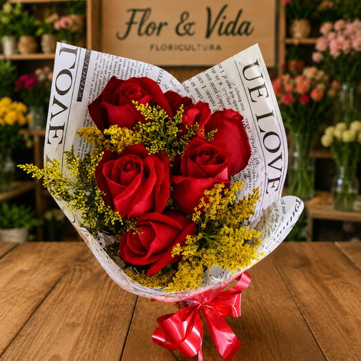 Bouquet Romance em Jornal com 6 Rosas Vermelhas