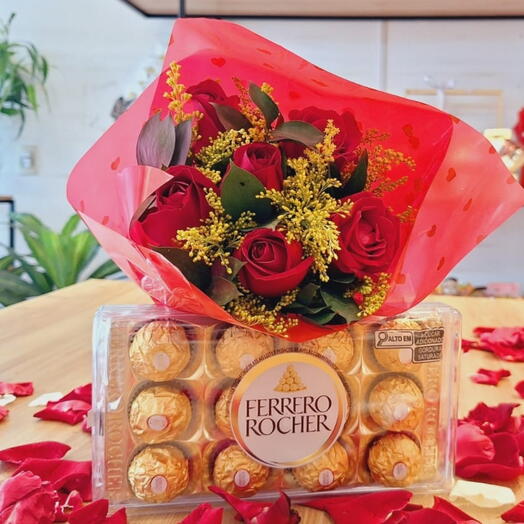 Buquê de 6 Rosas Botão e Ferrero Rocher 150g