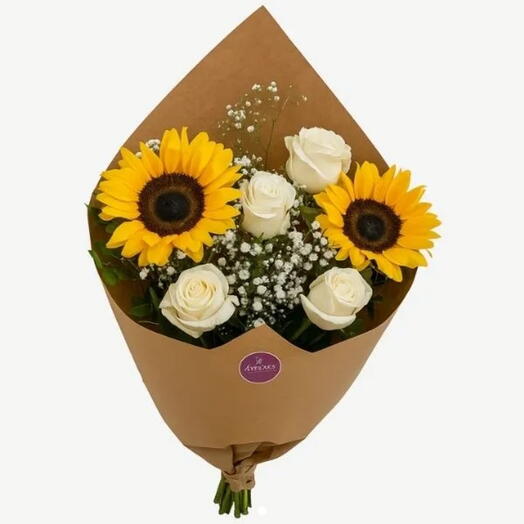 Buquê Rosas Brancas + Girassois