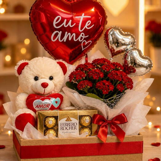 Cesta "Eu Te Amo" Urso, Ferrero   Flores