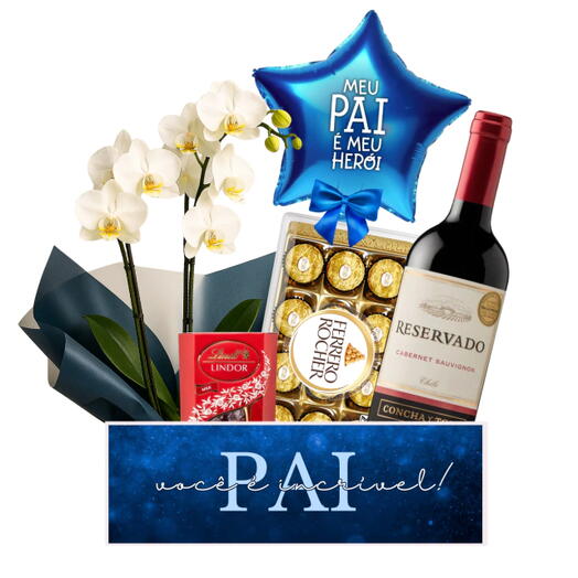 Cesta pai você e incrivel com Orquidea Branca, Vinho e Chocolates
