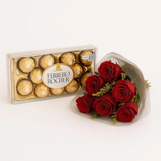 Buquê Com 6 Rosas Vermelhas E Caixa De Ferrero Rocher
