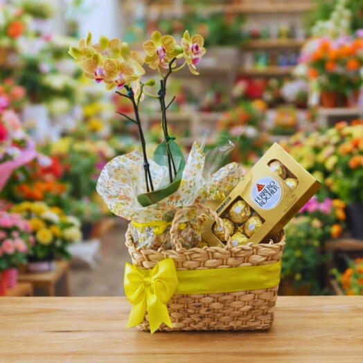 Cesta  com orquideas amarelas e bombons Ferrero Rocher