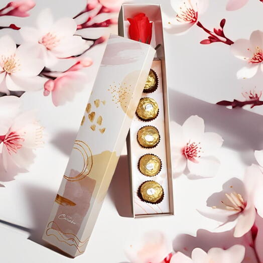 Caixa com Ferrero Rocher e Rosa - "Com Carinho" - Presente Dia das Mães