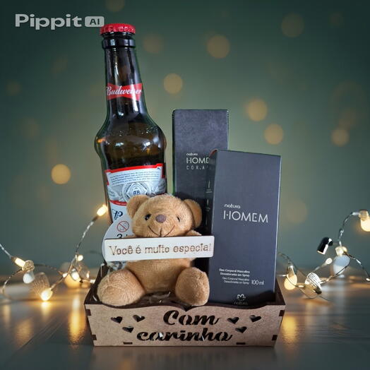 Cesta Mini Encanto "Com Carinho" com Natura, Urso com Plaquinha e Cerveja