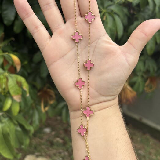 Colar 7 Trevos Aço Dourado Rosa 42 + 5 cm