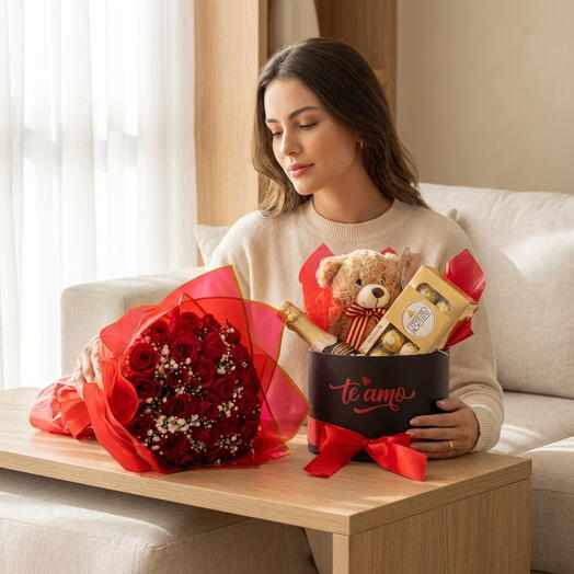 Box Urso e Buquê Luxo