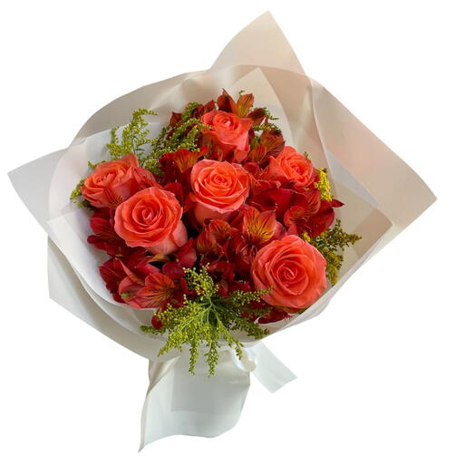 Buquê de 6 Rosas Laranja e Alstroemerias