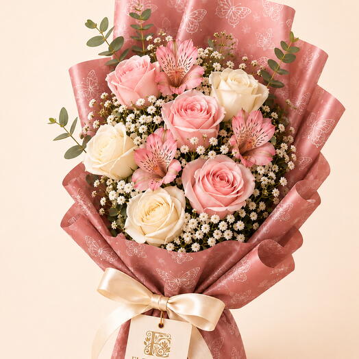 Buquê com Rosas Brancas e Cor de Rosa