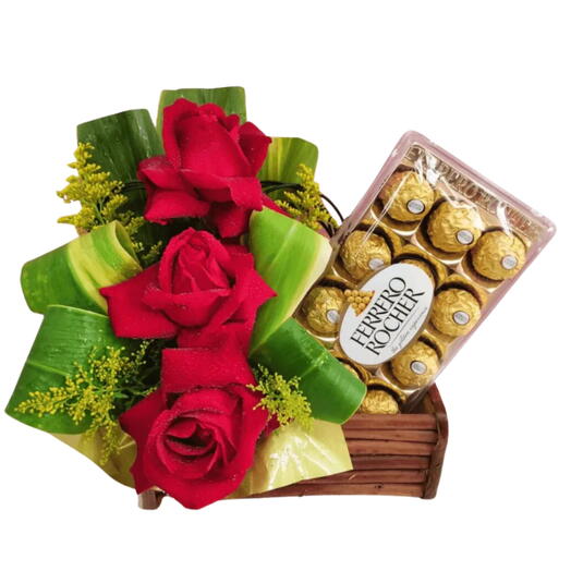 Trio de Rosas Vermelhas com Ferrero Rocher no Cachepo