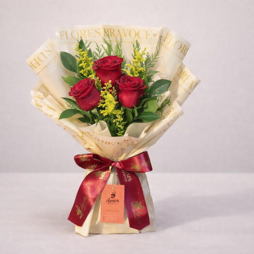Buquê Coreano com 3 Rosas Premium