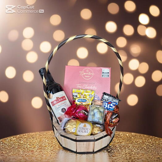 Cesta de Vinho com Guloseimas, Ferrero Rocher e Cacau Show