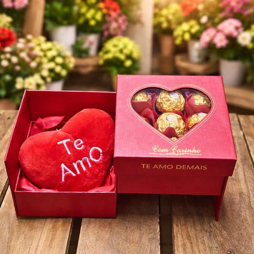Kit com Bombons Ferrero Rocher e Coração de Pelucia Te Amo