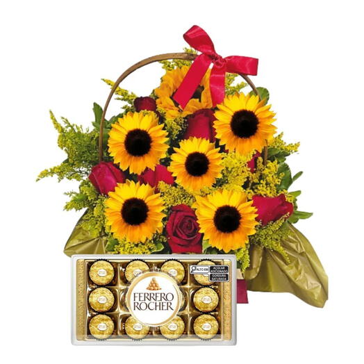 Cesta Luxo com Rosas e Girassois + Ferrero Rocher