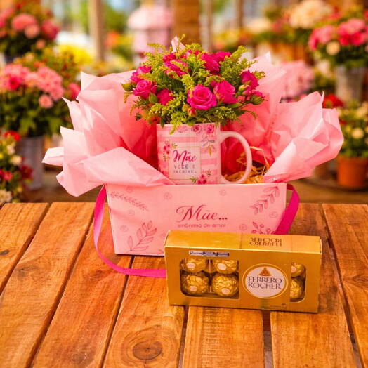 Cesta Dia das Mães com Flores e Ferrero Rocher
