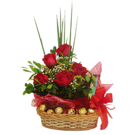 Cesta com Rosas e Ferrero Rocher