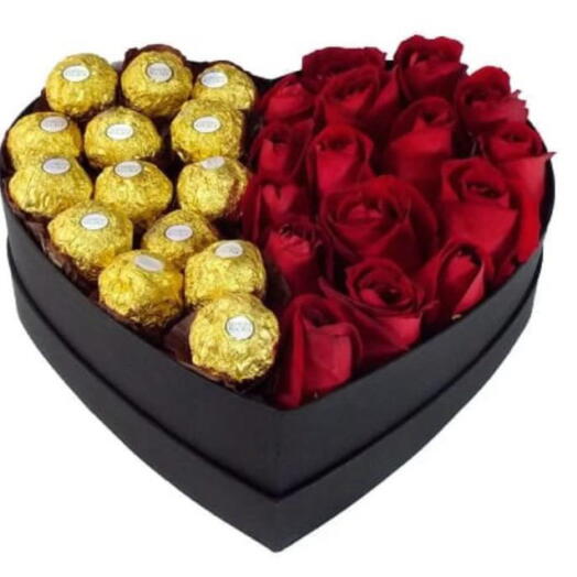 A-CESTA BOX CORAÇÃO de FERRERO e ROSAS