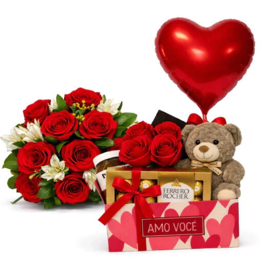 Buquê de 12 Rosas Vermelhas Importadas Completo + Cesta Amo Você