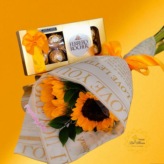 Buquê Girassol Dois Corações com Ferrero