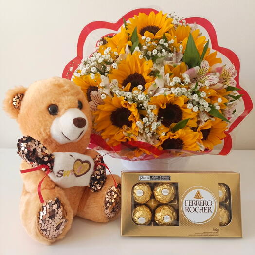 Buque de 12 girassois, Urso Pelucia e Ferrero Roche