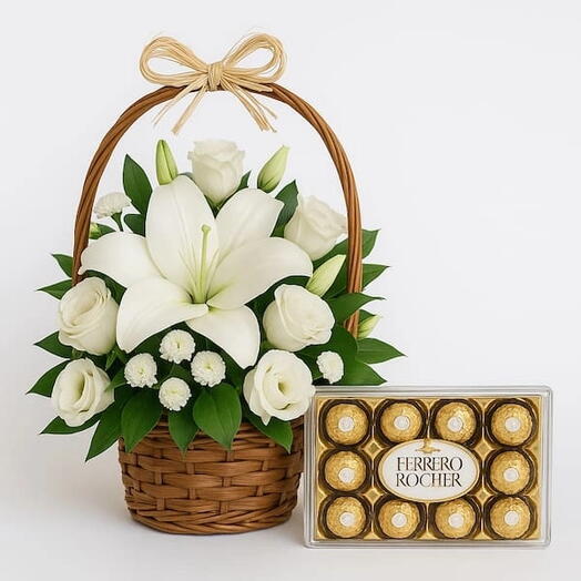 Cesta de Flores do campo Brancas e Ferrero rocher