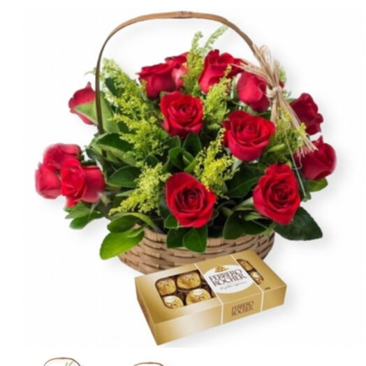 Cesta de Rosas+ Ferreiro Rocher com 8 Unidades