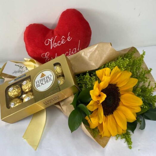 Kit com Girassol, Ferrero Rocher e Pelucia