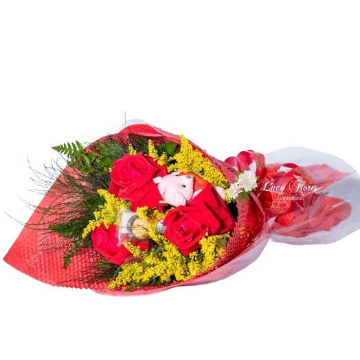 Buquê de 3 Rosas Vermelhas com um Urso de Pelucia e Chocolate Ferrero Rocher