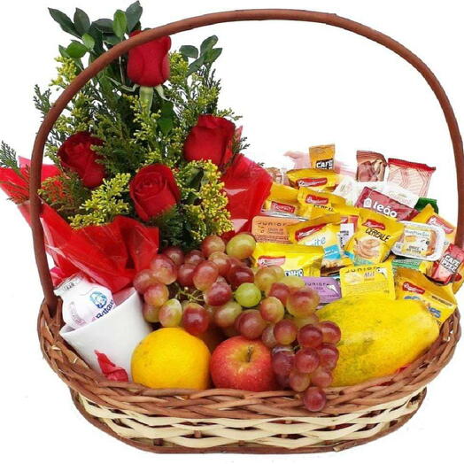CESTA de CAFE c/ FRUTAS e ROSAS