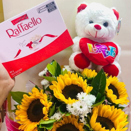 Buquê de Girassol + Ursinho de Pelucia e Rafaello
