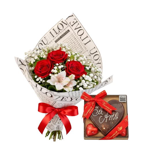 Buquê de 3 Rosas Completo + Card Mensagem de Chocolate