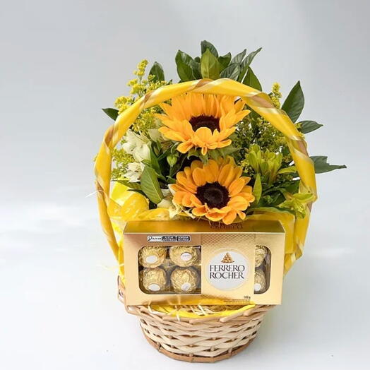 Cesta de Girassol com Ferrero Rocher