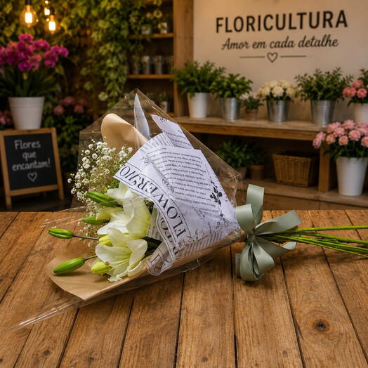 Bouquet com 3 hastes de lirios brancos