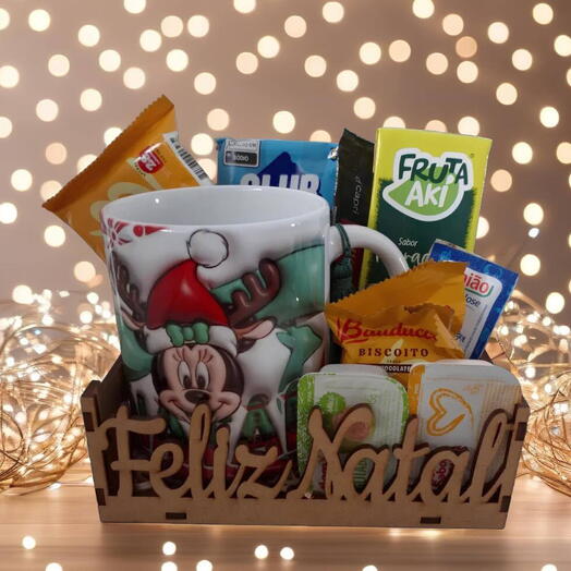 Cesta Natal de Cafe da Manhã/Tarde "Feliz Natal" com Caneca Natal - Presente Magico com Mickey e Minnie