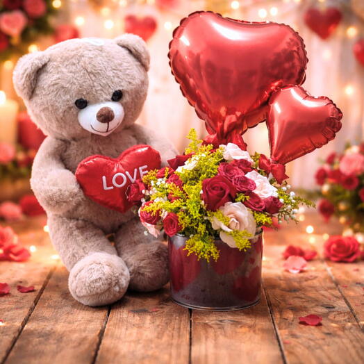 kit Arranjo com Flores Variadas e Urso de Pelucia