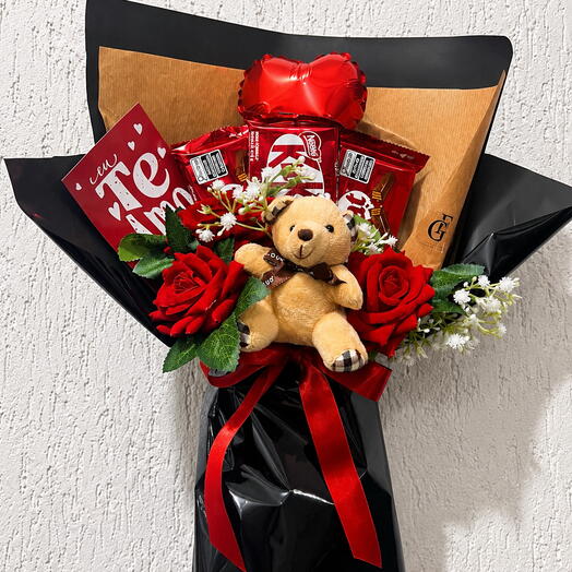 Buquê Rosas e Chocalate com Urso Pelucia Presente