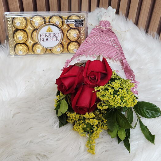 Ramalhete de 03 Rosas Vermelhas com Chocolate
