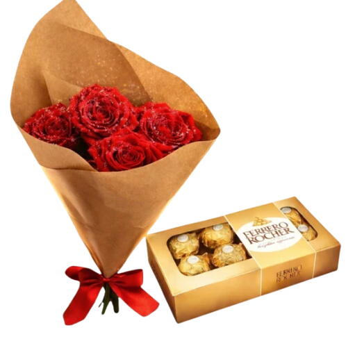Buquê 4 Rosas Vermelhas + Ferrero Rocher 8 Unidades