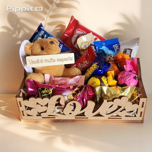 Cesta "Love" com Chocolates e Mini Pelucia de Chaveiro