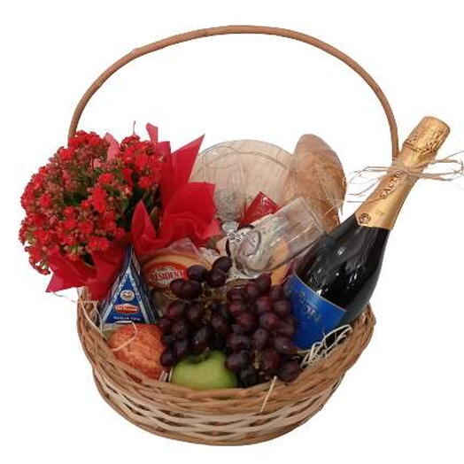 Cesta Grande de Pães, Queijos, Frutas e Espumante