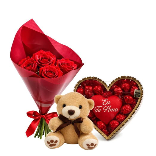 Buquê de 4 Rosas Vermelhas + Coração Medio de Chocolate