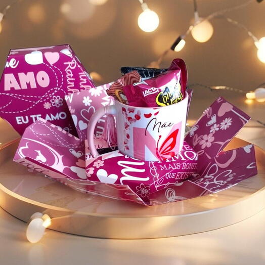 Presente Mãe: Caneca na Caixa Explosão com Chocolates "Mãe Eu te Amo!"