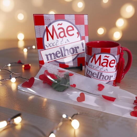 Kit Presente Mãe: Azulejo e Caneca Personalizada "Mãe Você e a Melhor" e Rosa