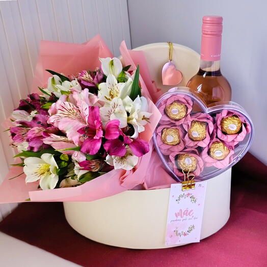 Cesta Dia das Mães - Flores e Vinho Rose